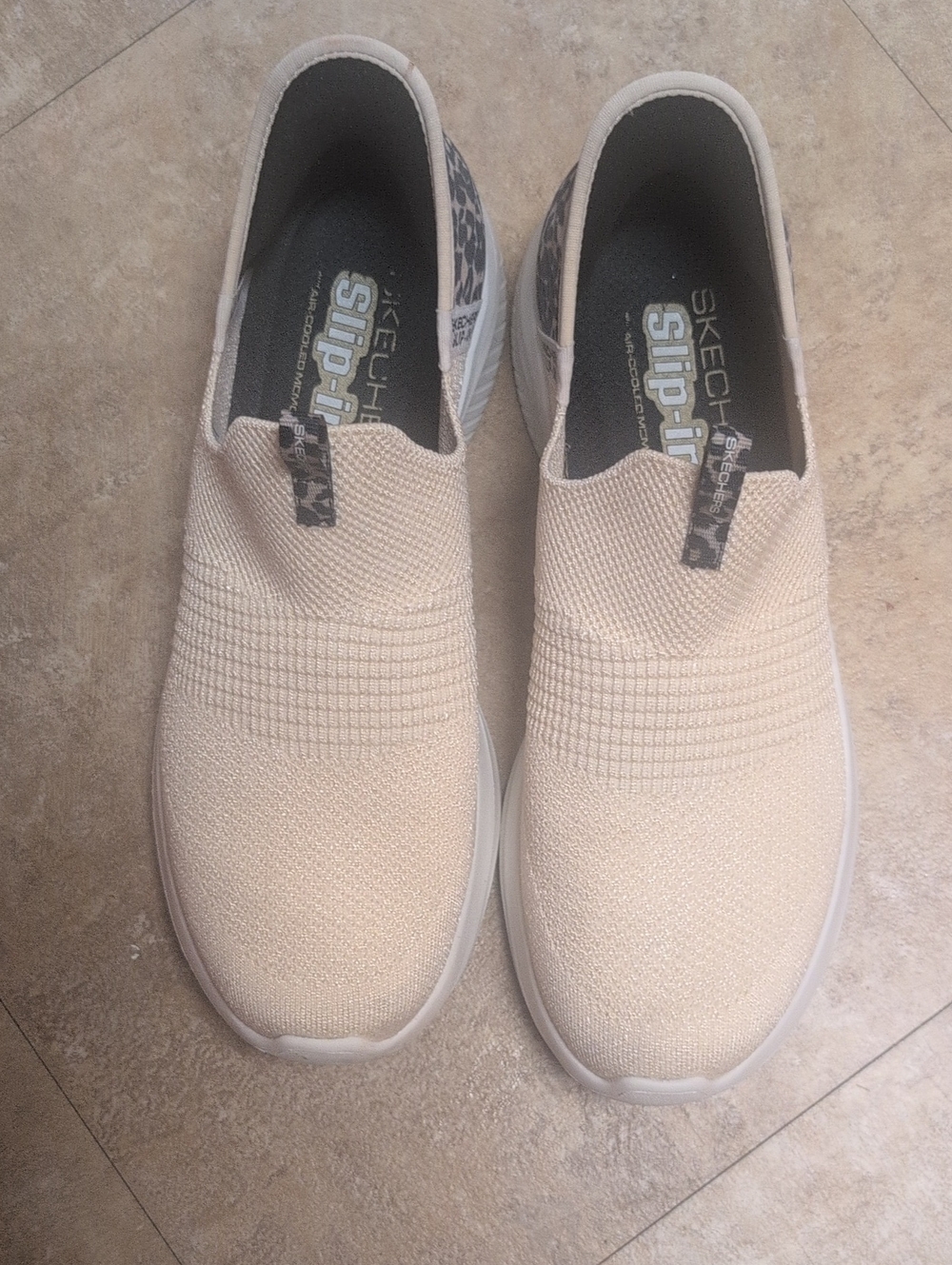 Skechers Knit Slip-On Sneakers in Soft Beige with Leopard Accent